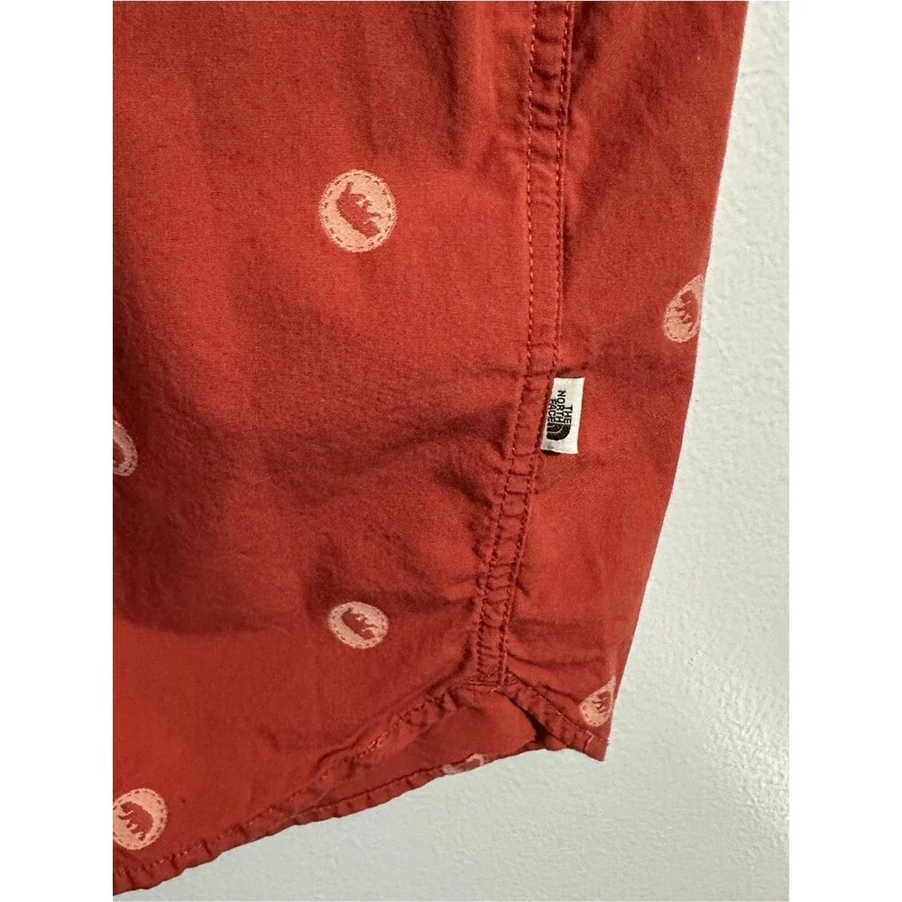 The North Face Mens XL Button Up Shirt Rust Bear Print Short Sleeve Cotton
